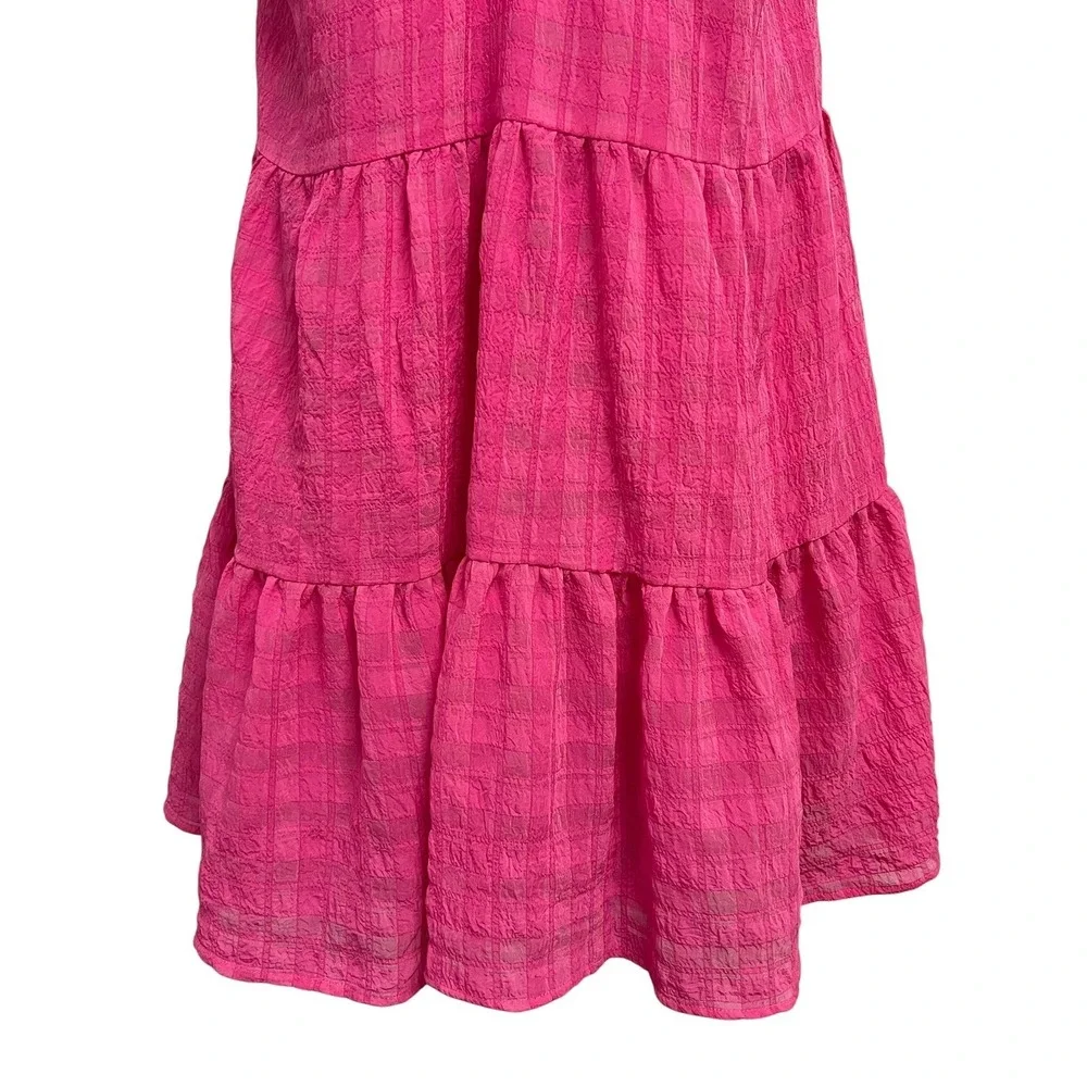 Gilli Tiered Halter Mini Dress Womens Large Pink Plaid Braided Straps Boho Girly